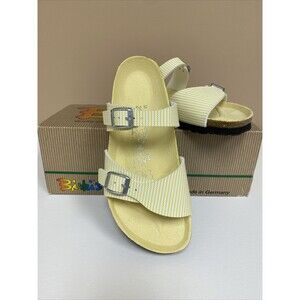 Birkenstock Birki’s  Aziza Yellow & White Stripe 2 Strap Sandals US 5 EU 36